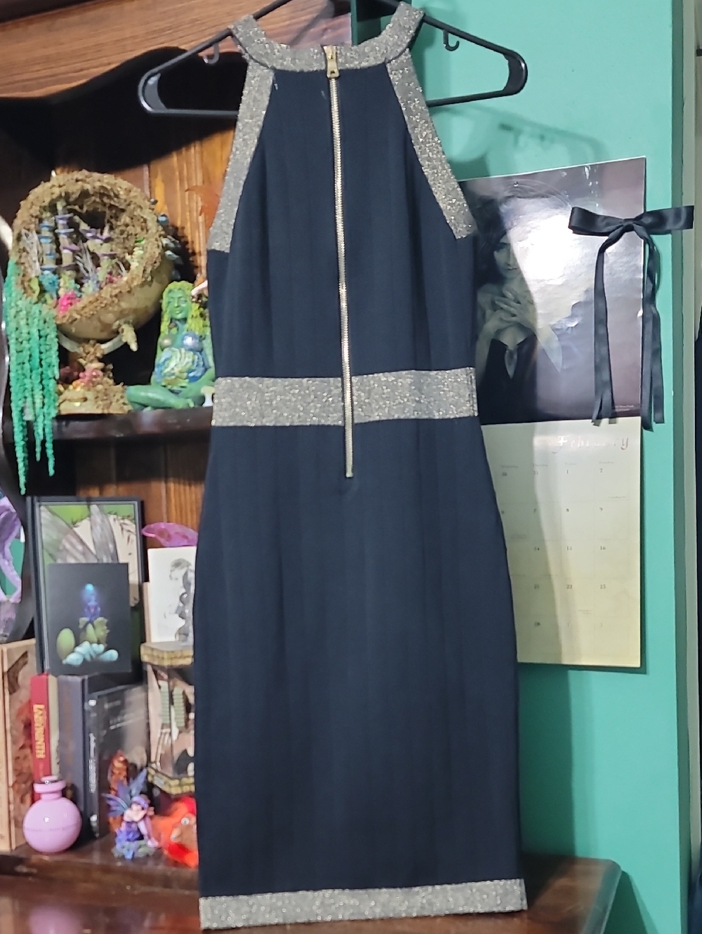 Black Knit Halter Dress With Gold Buttons And Metallic Lurex Trims - Picture 4 of 11